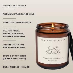 Sweet Water Decor Cozy Season Soy Candles - Fall Candles with Woods, Warm Spice, and Citrus Scent for Home Decor - Soy Candle with 40 Hours Burn Time - 9Oz Black Lid Amber Jar Candles Fall Scents