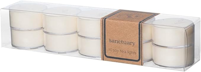 ECO CANDLE CO. Tea Light Candles, Sanctuary, 10-Pack - Scents of Black Orchid, Ginger, Cardamom, Lily, Leather, Amber, & Kyara - Recyclable, 100% Soy Wax, No Lead, Hand Made, .6 oz. Each