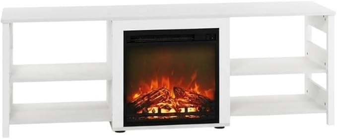 Furnifact White Emboss 70 Inch TV Stand with Fireplace, Wooden Construction, Modern Design, Ample Storage Space, and Easy Assembly