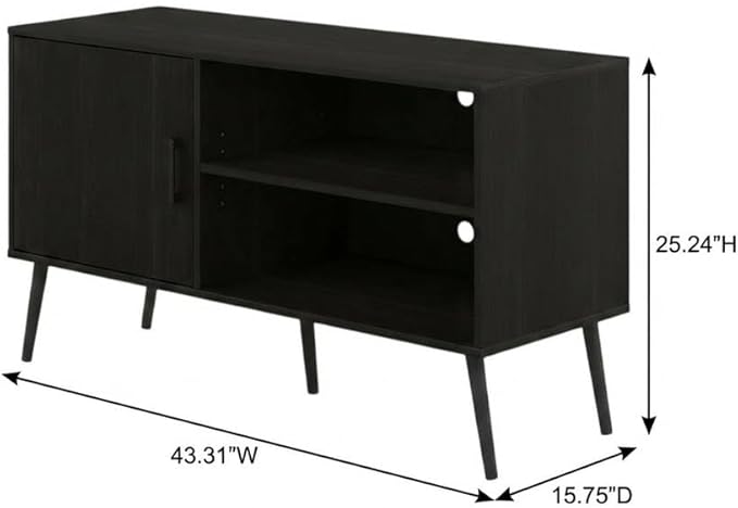 Furnifact Espresso Mid Century Style TV Stand with Wood Legs, One Cabinet and Two Shelves, Durable Wooden Construction, Elegant and Functional Design