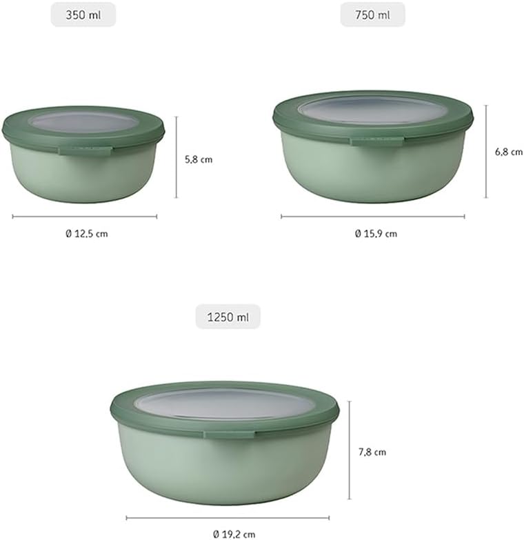 Mepal – Multi Bowl Cirqula 3-Piece Set – Food Storage Container with Lid - Suitable as Airtight Storage Box for Fridge & Freezer, Microwave Container & Servable Dish - 350, 750, 1250ml - Nordic Sage