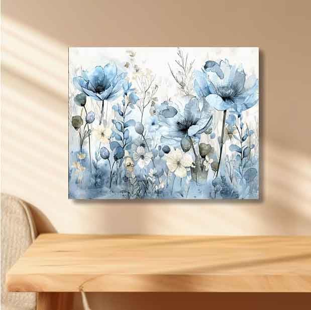 Soft Blue Watercolor Wildflowers Bouquet Paint by Numbers for Adults, Minimalist Floral DIY Painting Kit, Elegant Home Decor 24 Colors 16x20 inch Framed