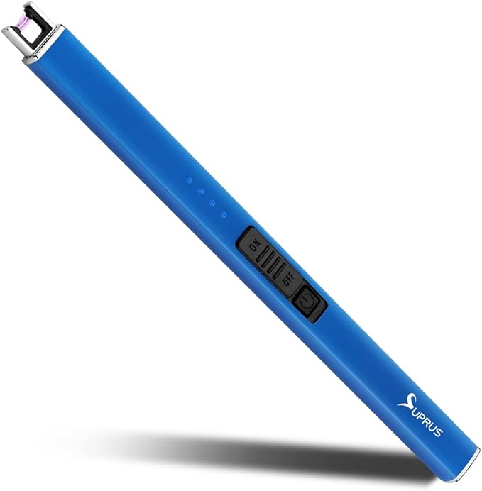SUPRUS Fluorescent Lighter Glows in The Dark Electric Lighter Candle Lighter Rechargeable USB Arc lighters with Safety Lock Windproof Flameless Plasma for Candle BBQ Camping (Blue)