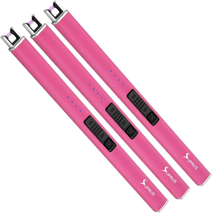 SUPRUS Fluorescent Glows in The Dark Electric Candle Lighter Rechargeable USB Arc lighters with Safety Lock Windproof Flameless Plasma for Candle BBQ Camping (Pink, 3)