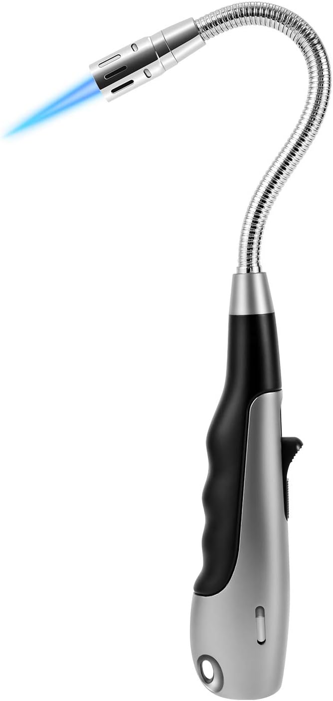 Butane Lighter Torch Long Jet Flame Windproof Lighter with Visual Fuel Window for Fireplace Kitchen Grill BBQ Camping, Black (No Butane Included)
