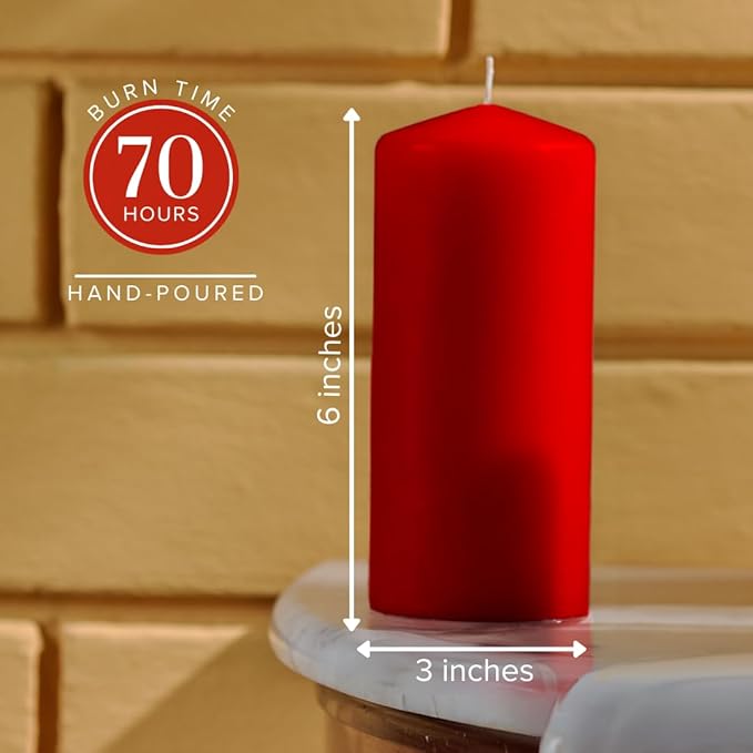 Simply Soson Red Pillar Candles Bulk - 3x6 Inch, Set of 6 Unscented Pillar Candles, Elegant Tall Pillar Candle, Round Cone tip Pillar Candle for Home Decor, Dinner, Wedding, Party, & Restaurant