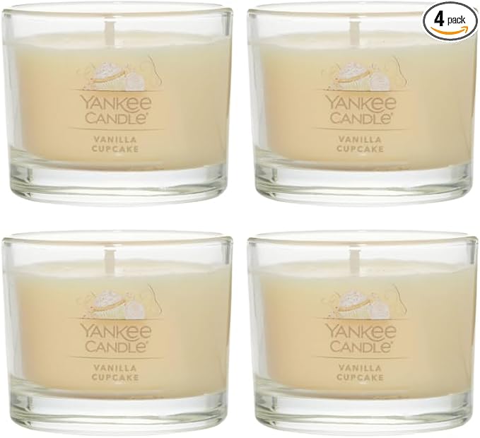 Yankee Candle Signature Votive Mini Candle Jar, Vanilla Cupcake Scent, Natural Soy Wax Blend Candle with Natural Fiber Wick, 1.3 OZ Glass Jar (Pack of 4)