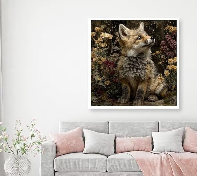 Diamond Art Kits for Adults Fox Diamond Painting Kit Flower, DIY Crafts for Adults 5D Full Square Drill Gem Art Embroidery Cross Stitch Painting Kit for Wall Decor, Birthday Girl 15.8x15.8inch 7-UK55
