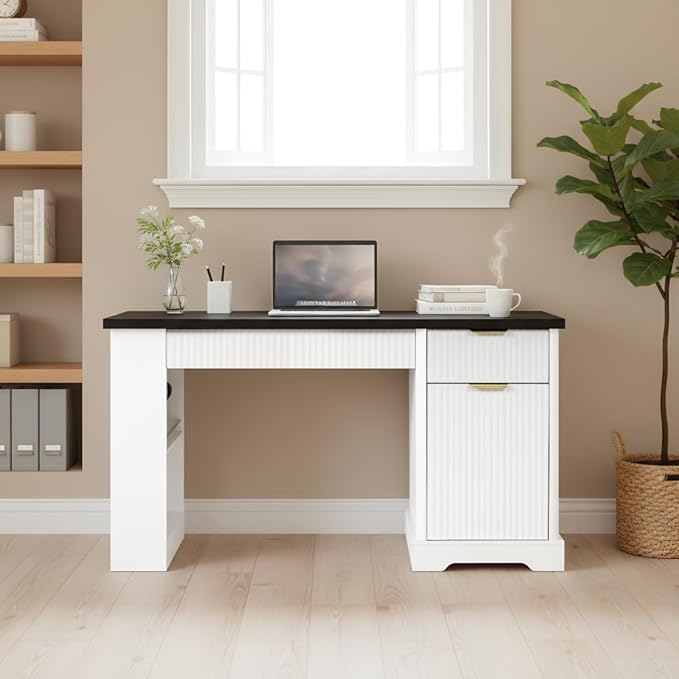 Executive L Shaped Desk with Storage Cabinet Drawers Built in Power Outlet Shelves for Home Office Gaming Study (White)
