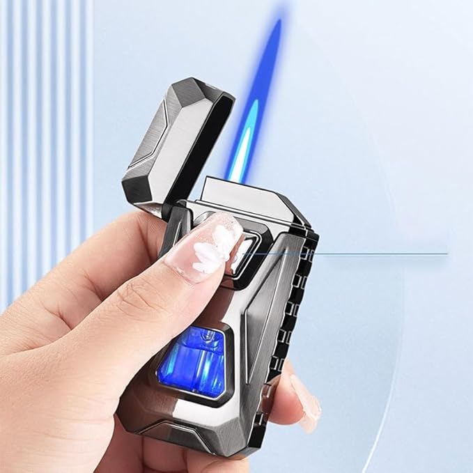 Voice Activated Windproof Dual Flame Lighter, USB Rechargeable Arc Lighter,Jet Flame and Soft Flame, Visible Transparent Window, Refillable Butane Lighter, Cool Lighters Gift for Men(Black)
