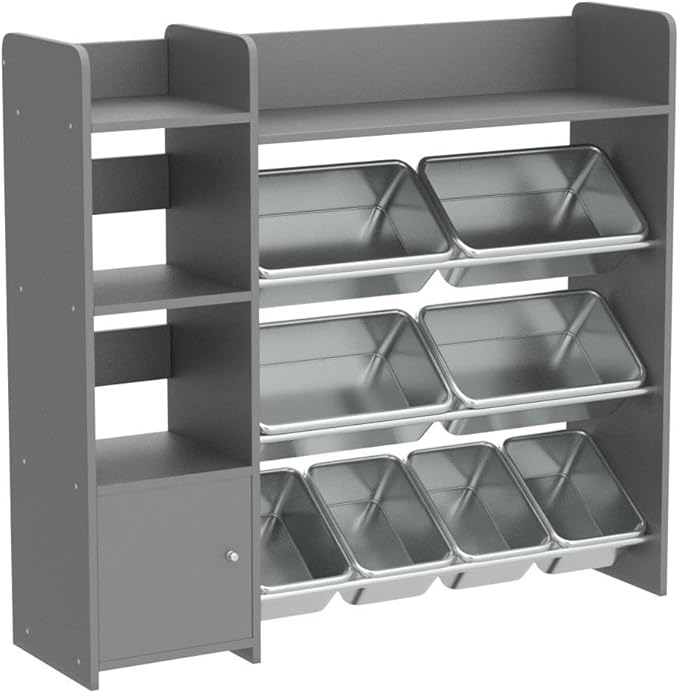 Sturdis Toy Storage Organizer with Bookshelf, Kids Playroom Organization Shelving Unit with Removable Storage Bins & Safety Anti-Tip Bracket, Gray