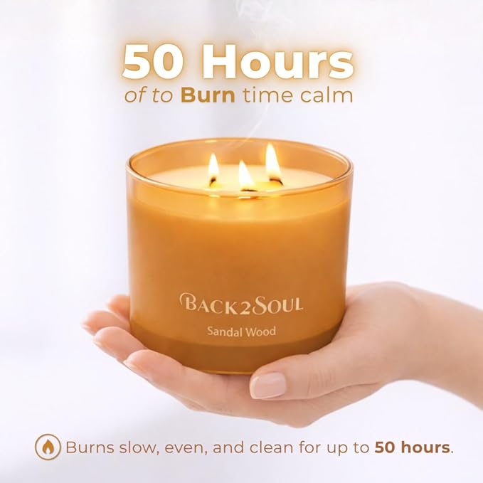 Non Toxic Candles 13.4 oz 50 Hours Burn Time, Scented Soy Candles, Clean Burning, Safe Non Toxic Design (Sandal Wood)