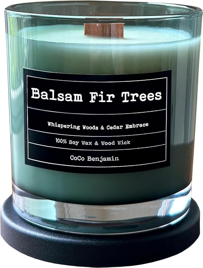 100% Natural Soy Wax Candle by CoCo Benjamin -Balsam Fir Trees -Highly Scented Hand-Poured Luxury Candle with Soothing Crackling Wood Wick for Clean & Even Burn