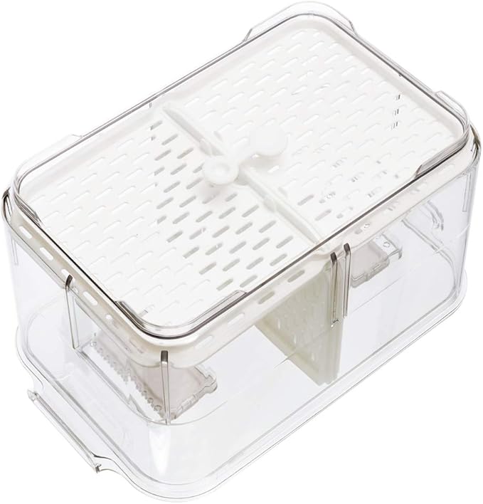 Slideep 11'' Large Food Storage Containers, Fridge Produce Saver 2 Tier Stackable Refrigerator Organizer with Lids and Removable Drain Tray Drawers Bins Baskets for Kitchen
