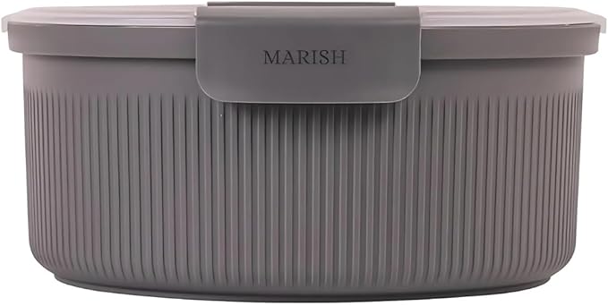 MARISH 47oz Round Food Storage Container with Utensil – Airtight, BPA-Free, Microwave & Freezer Safe, Grey (1)
