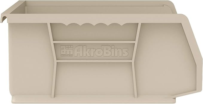 Akro-Mils 30255 AkroBins Plastic Storage Bins, Space-Saving Stackable Bins for Garage, Pantry, Craft Organization, 11" x 16" x 5", Stone, 6-Pack