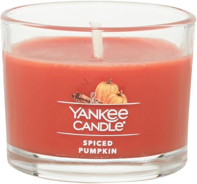 Yankee Candle Signature Votive Mini Candle Jar, Spiced Pumpkin Scent, Natural Soy Wax Blend Candle with Natural Fiber Wick, 1.3 OZ Glass Jar (Pack of 6)