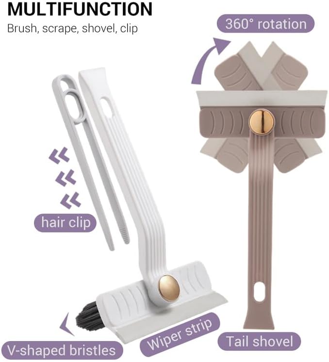 Multi-Function Rotating Crevice Cleaning Brush with Scraper, 360 Degree Rotating No Dead Corners Hard Bristle Crevice Gap Brush Tool for Bathroom Household Kitchen (Khaki)