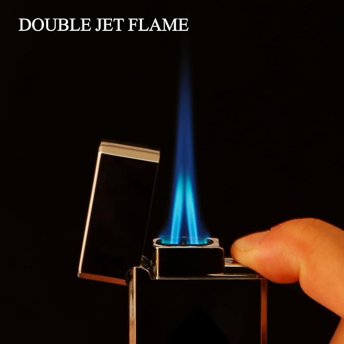 Yeuligo 2 Pack Double Flame Torch Lighters, Classic Pocket Lighters with Visible Window, Adjustable Jet Torch Lighter, Refillable Butane Lighter for Men and Women (Brushed Grey)