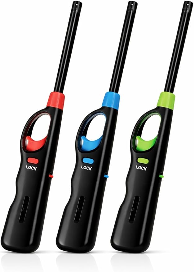Long Reach BBQ Utility Lighter with Safety Lock, Multipurpose for Grill, Candles, Stove, Fireplace, Assorted Colors, 3 Pack
