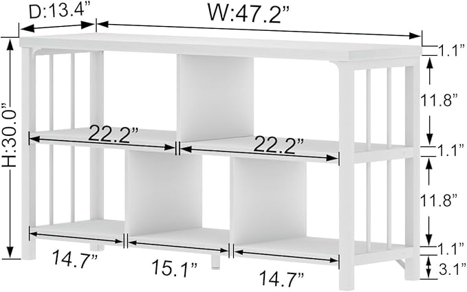 IBF White Wood Bookshelf, Industrial Horizontal Cubby Book Shelf, Low Open Shelf Bookcase for Office Living Room, Modern Short Wide 5 Cube Storage Organizer for Books Display Bedroom, White Oak, 47 In