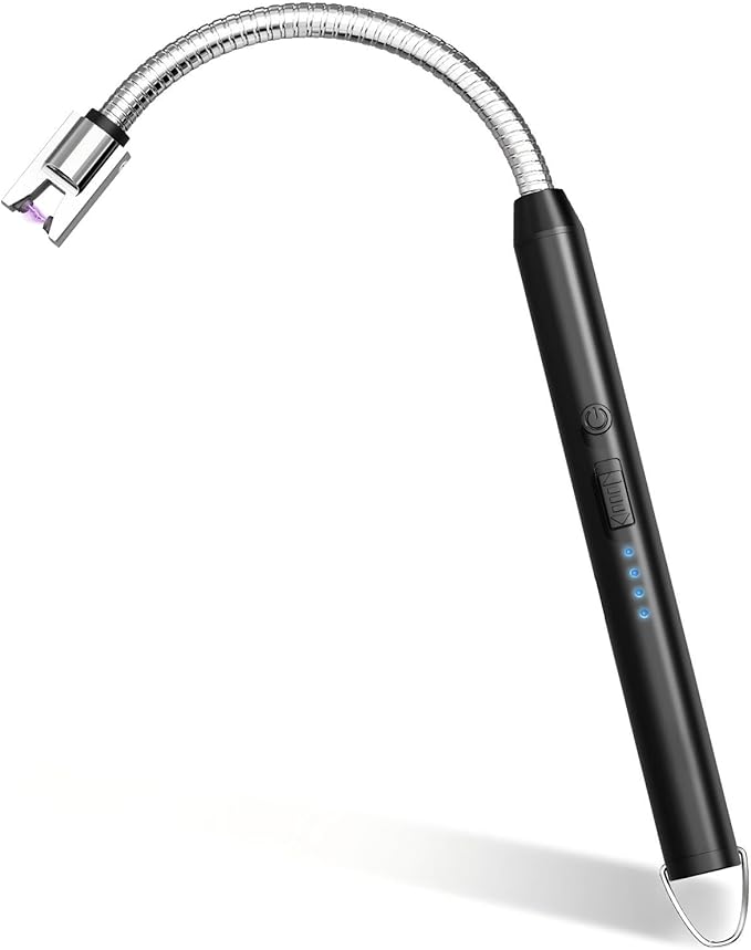 Electric Candle Lighter, Safty Lock, Long Flexible Neck, USB Type-C Port, Rechargeable Lighter, Windproof Flameless, Led Display, for Home Kitchen (Black)
