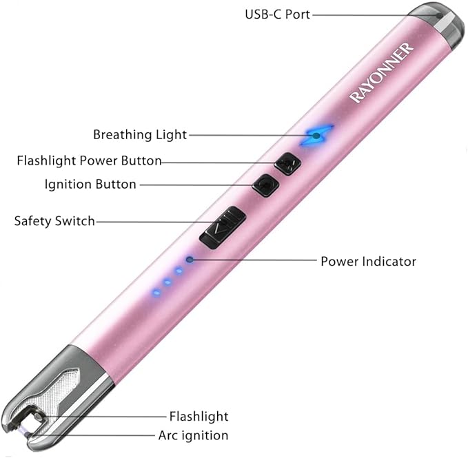 RAYONNER Electric Candle Lighter with Flashlight, USB C Rechargeable Plasma Arc Lighters Windproof for Deep Candles, Gas Stove, Camping Grill Fireworks Pink