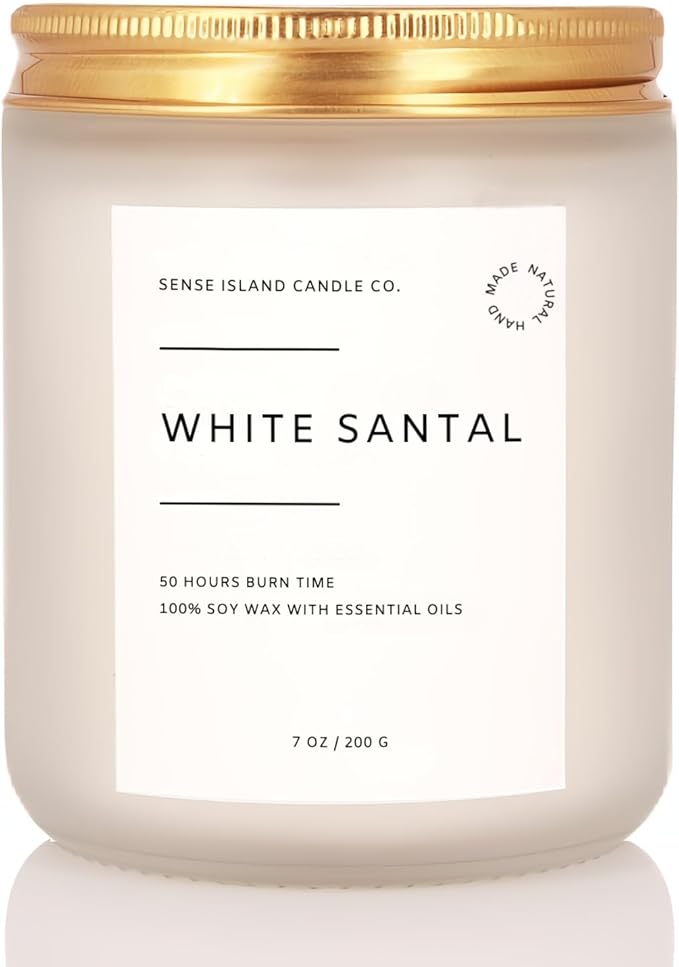 SENSE ISLAND White Santal Scented Candle for Home Scented 50+ Hrs Highly Scented | 100% Natural Soy Candle Gifts for Women Highly Scented House Warming Gifts