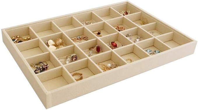 Premium Grade Velvet Sturdy Jewelry 24 Grids Display Tray Stackable Rings Necklace Gemstone Shows Store Home Organizer Soft Beige