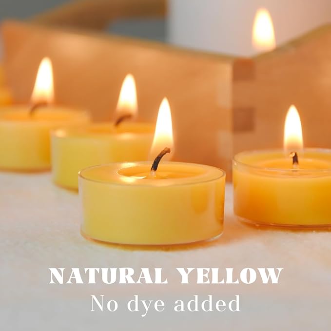 48 Pack Natural Yellow Pure Beeswax Tealight Candles - Organic Small Candle Natural Scent Smokeless Clean Burning