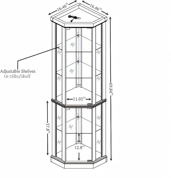 Corner Lighted Glass Curio Cabinet for Living Room Space Saving Vertical Tall Display Case with Light for Antique Wine Bar Glass Storage (Dark Oak)