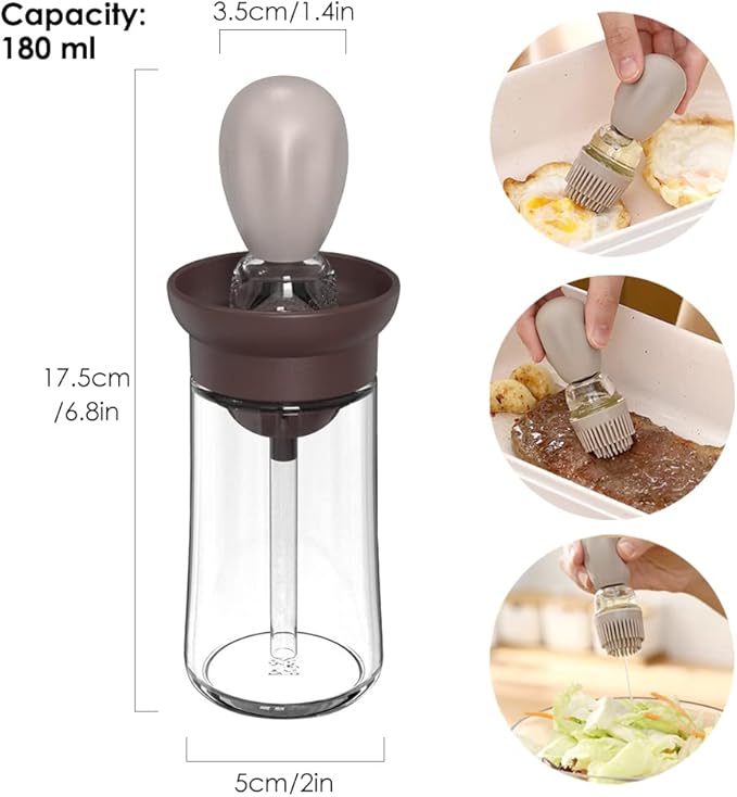TINMIX Oil Dispenser with Brush - 2 Pack 180ml Glass Olive Oil Dispenser Bottle with Basting Brush for Cooking Frying Baking Kitchen, T-OB21 Grey