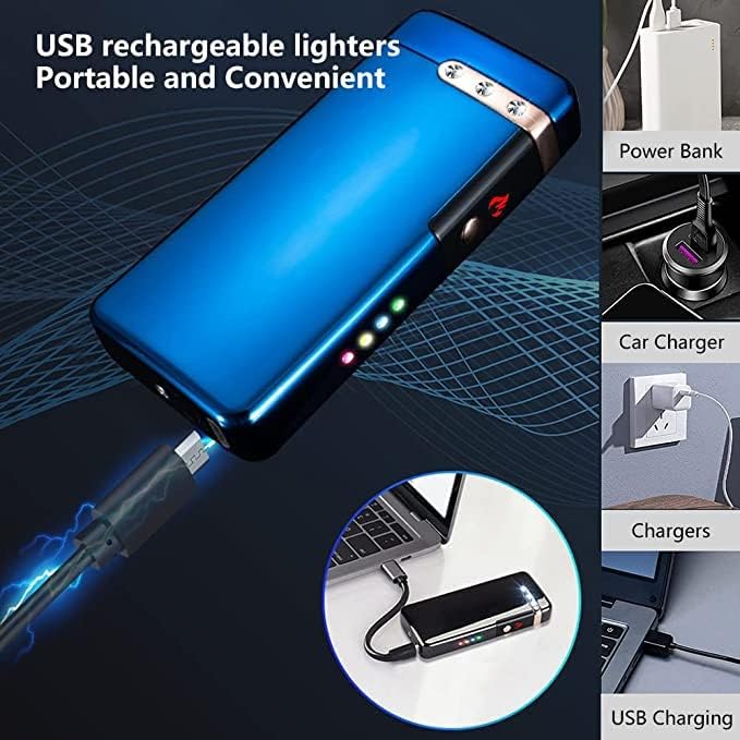 Electric Lighter Plasma Lighters USB Rechargeable Lighter with LED Battery Indicator No Butane Windproof Lighters IdWD867eal for Candles, BBQ, and Travel (Blue)