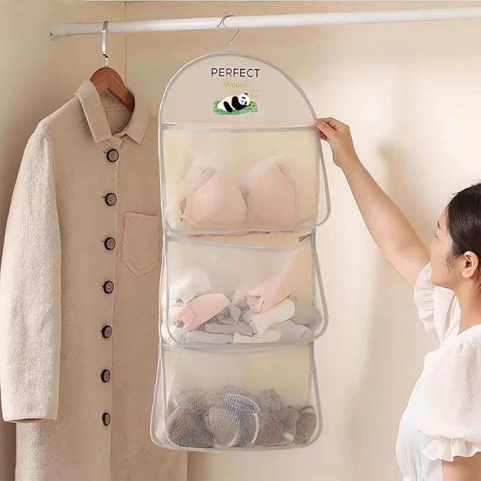MIUPOO Multi Purpose Multi Layer Mesh Storage Hanging Bag,Hanging Storage with Metal Hanger Mesh Pockets for Bra Underwear Socks,Pockets Hang Store Bag for Door Wall Closet