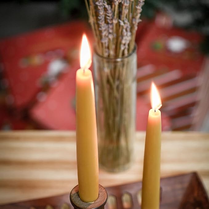 10 inch Natural Beeswax Taper Candles Set of 12, DEYBBY Smokeless and Dripless Beeswax Candles, 9Hrs Burn Time, Nontoxic