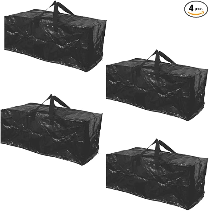 Evelots Large Packing Bags for Moving 4 Pack Storage Totes for Space Saving with Zippers & Carrying Handles for Camping, Garage, Outdoor Patio Cushion, Clothes, Comforters Storage Bags Black
