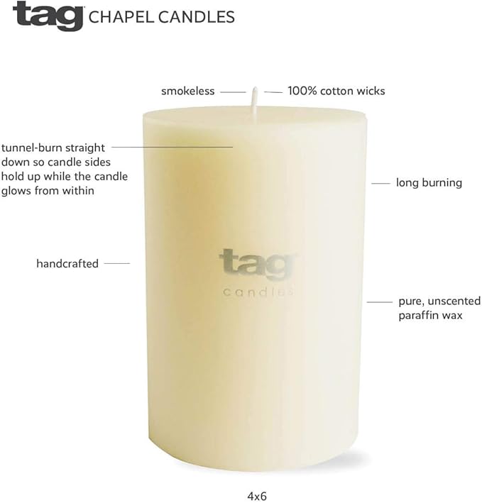 tag Chapel 4X4 White Pillar Paraffin Wax Candle Unscented Drip-Free Long Burning 75 Hours For Home Decor Wedding Parties Dining Dinner Kitchen Table Tabletop Living Room End Table Decor Decoration 4x4