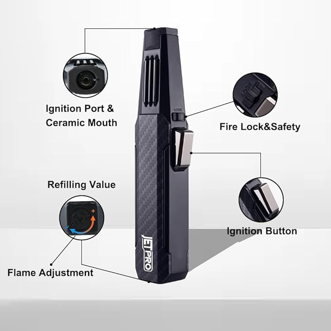 Butane Torch Lighter One-Hand Operation Lighter Adjustable Jet Flame with safety lock Kitchen Cooking Torch Gift Box Package (Butane Gas Not Included) (Black)