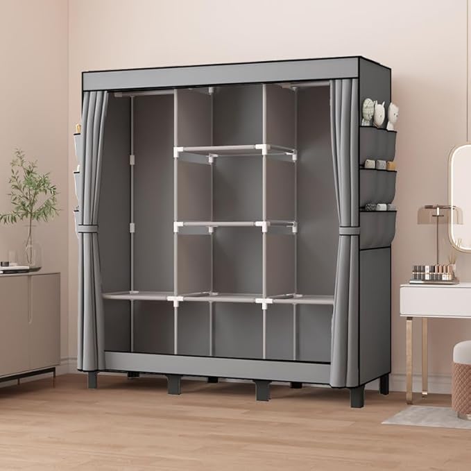 Portable Wardrobe, Easy Hanging Closet 6 Side Pockets Large Capacity Clothes Organizer Comes with 2 Hanging Poles and Shelves, Width 130cm, Depth 45cm, Height 172cm (Grey)