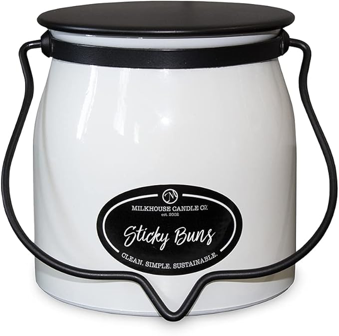 Milkhouse Candle Company Sticky Buns Soy Candle - Cinnamon | Buttery Dough | Vanilla Sugar Scented - 16 oz Butter Jar with Lid, 65+ Hour Burn Time, Made in the USA