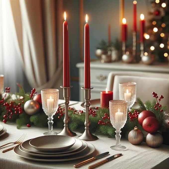 12-Inch Tall Dripless Taper Candles Set of 4 - Red Tapered Candles, Perfect for Christmas - Smokeless, Unscented, Long Burning - Hand Poured, Colored Tall Candlesticks - Bright Red