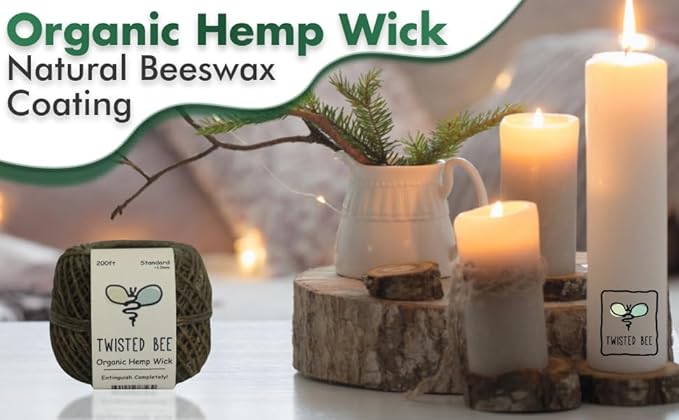 100% Organic Hemp Wick with Natural Beeswax Coating, Twisted Bee (100ft x Thick (~2 mm))