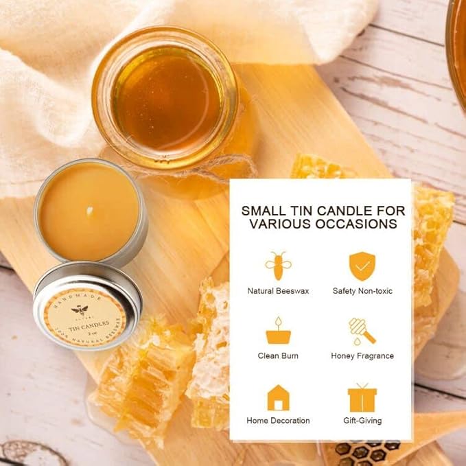 DEYBBY Pure Beeswax Emergency Candle Set of 4 - Natural Honey Scented Travel Tin