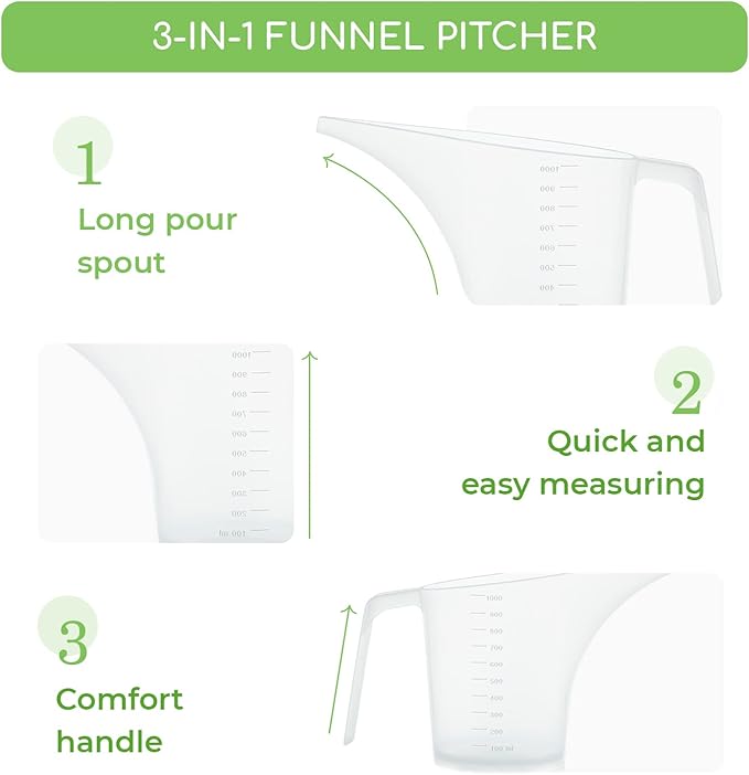 Funnel Pitcher for Soap Making, Large Capacity Easy Pour Container with Long Spout, Soap Making Supplies, Bakeware Mold, Candle, Microwave Safe, 4 Cups, 32 Ounces, 1000 ml - Set of 3