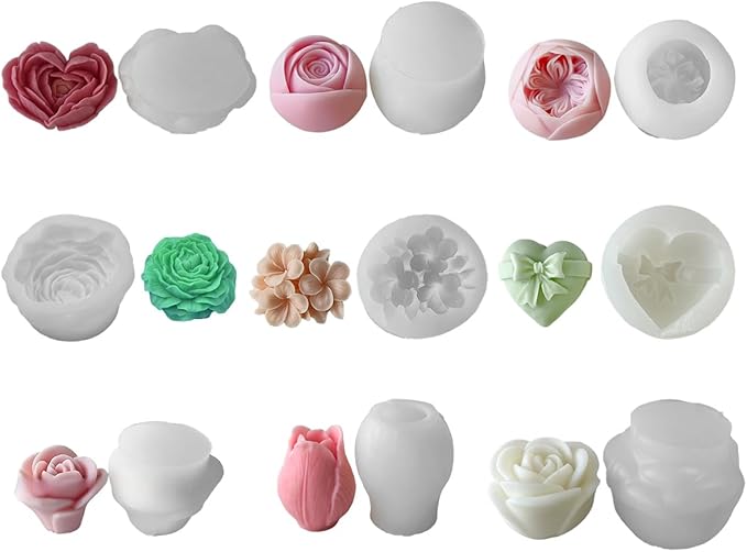 9 Piece Set of Hibiscus Rose Tulip Heart Shape Candle soap Wax Mold Valentine's Day Silicone Butter Candle Chocolate Making Mold Silicone Shape