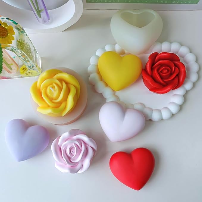 3D Rose & Heart Candle Molds, 2 Pcs Silicone Candle Molds for Candle Making,DIY Handmade Soaps, Flower Ice Cubes, Heart Chocolate, Valentine's Day Gift (Rose&Heart)