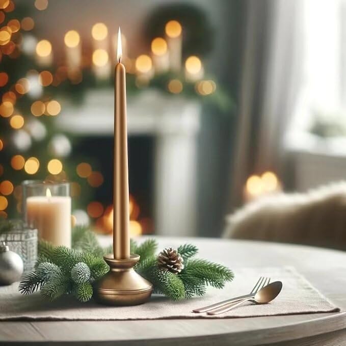 12-Inch Tall Dripless Taper Candles Set of 4 - Gold Tapered Candles, Perfect for Wedding,Christmas - Smokeless, Unscented, Long Burning - Hand Poured, Colored Tall Candlesticks - doradas