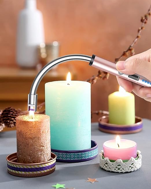 VEHHE Electric Candle Lighter, USB Rechargeable Lighters with Safety Button Lock, Flexible Neck ARC Long Lighter with LED Battery Display Windproof for Grilling Cooking Camping