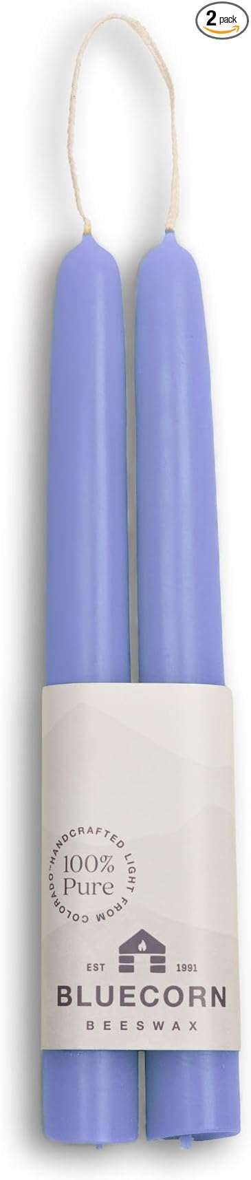 Bluecorn Beeswax Taper Candles, 100% Pure Natural Bees Wax, Pair of 8 Inch Lilac Tapered Candlesticks, Clean Burning & Dripless, Fragrance Free, Long Lasting, Home Decor, American Made, 1 Count