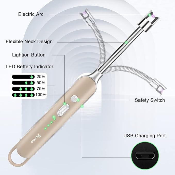 SUPRUS Electric Rechargeable Arc Lighter with LED Battery Display Long Flexible Neck USB Lighter for Candle Cooking (Gold, 3Packs)